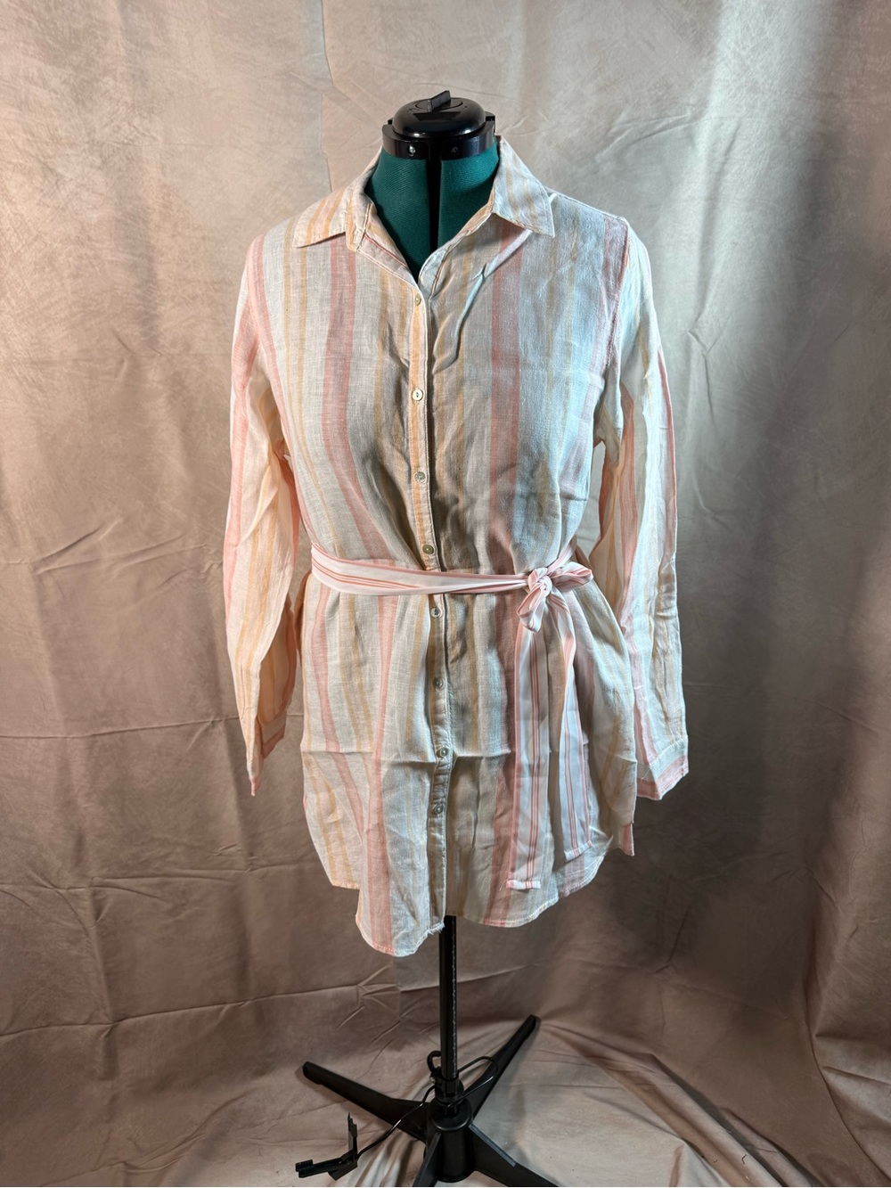 670-Striped Pink and Cream Button-Front Tunic with Tie Waist